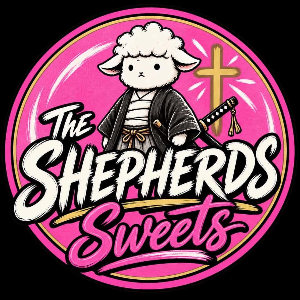 The Shepherds Sweets: a lamb in a black robe with a gold cross and pink lettering